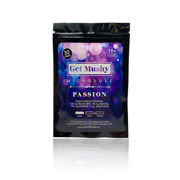 Passion Magic Mushroom Microdose Capsules purple and dark packaging on white background