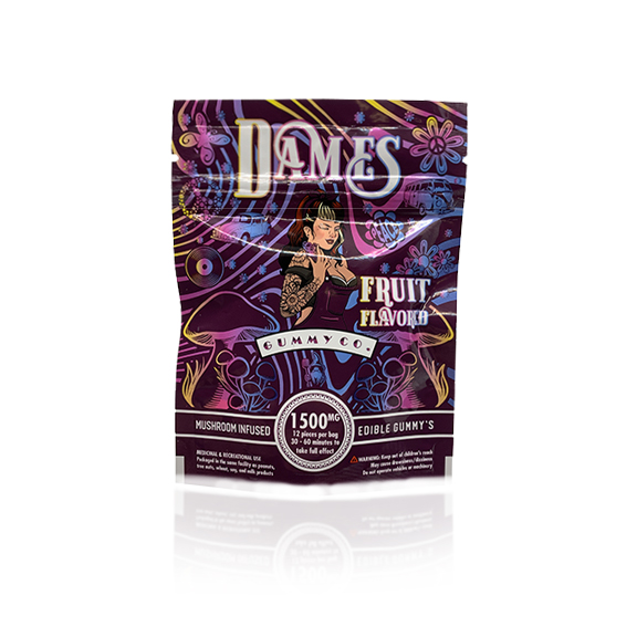 Dames Magic Mushroom Gummy purple packaging on white background