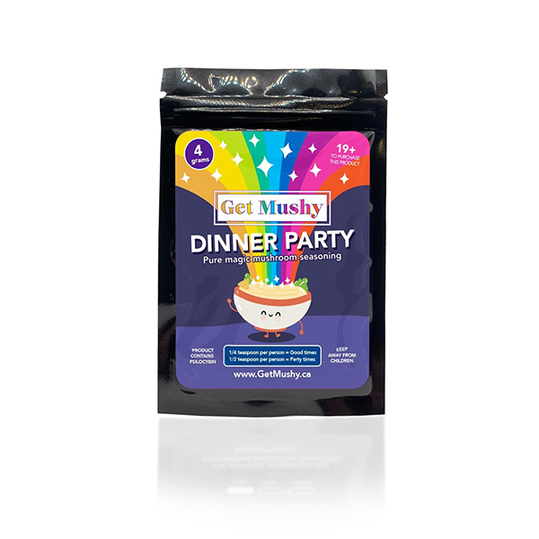 Dinner Party Ground Magic Mushroom Seasoning packaging on white background