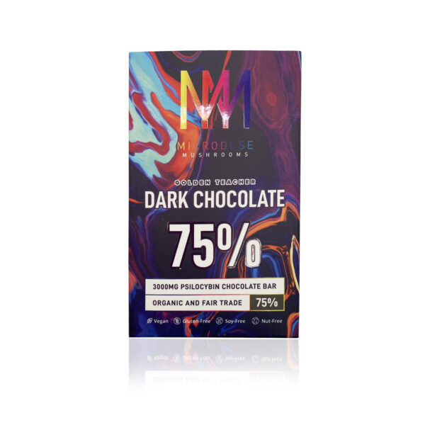 Magic Mushrooms dark chocolate bar label from the Microdose brand on a white background